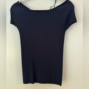 Ann Taylor Navy Fitted Ribbed Short Sleeve Top EUC